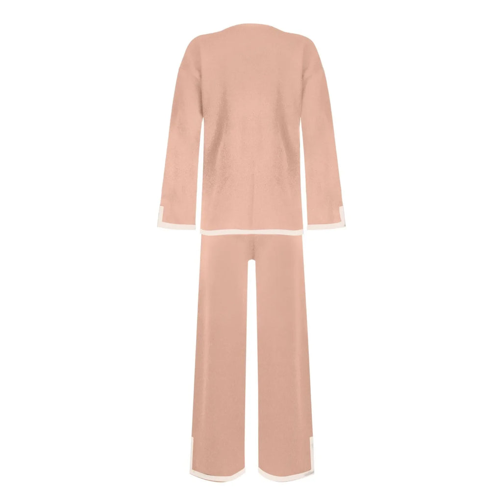 Knitted Women's Casual Two Piece Set with Long Sleeve Sweater and Wide Leg Pants for Comfortable Homewear