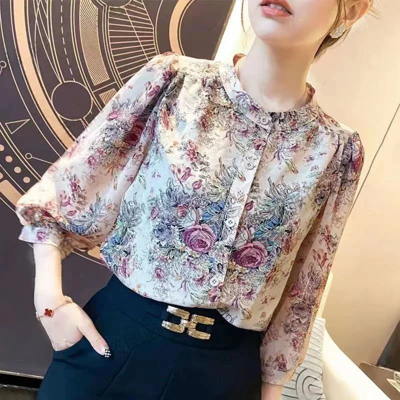 Vintage Elegant Women's Chiffon O-Neck Lantern Sleeve Printed Blouse Slim Fit Casual Office Shirt