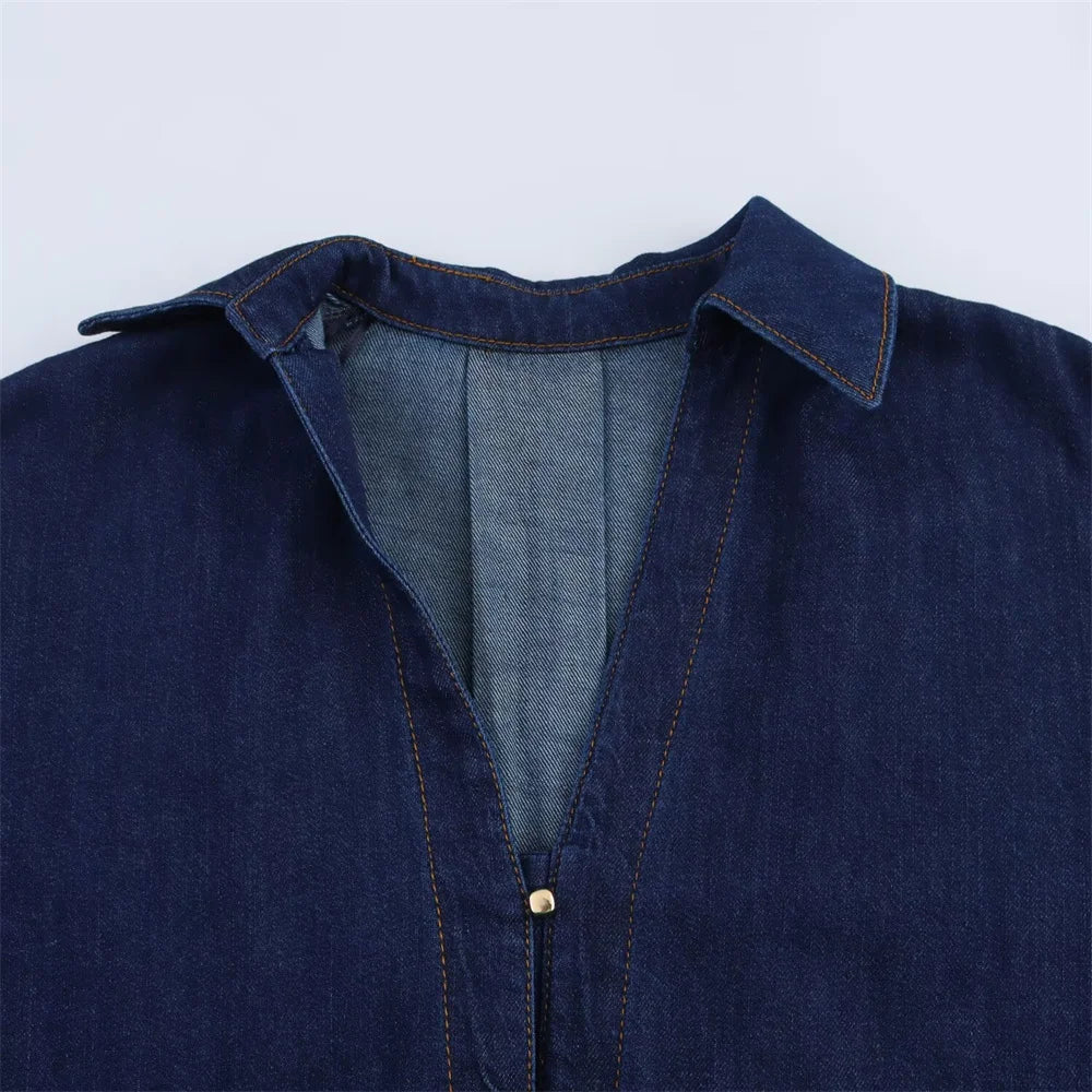 Women Denim Set Loose Fit Button Down Shirt and Wide Leg Pants Casual Outfit