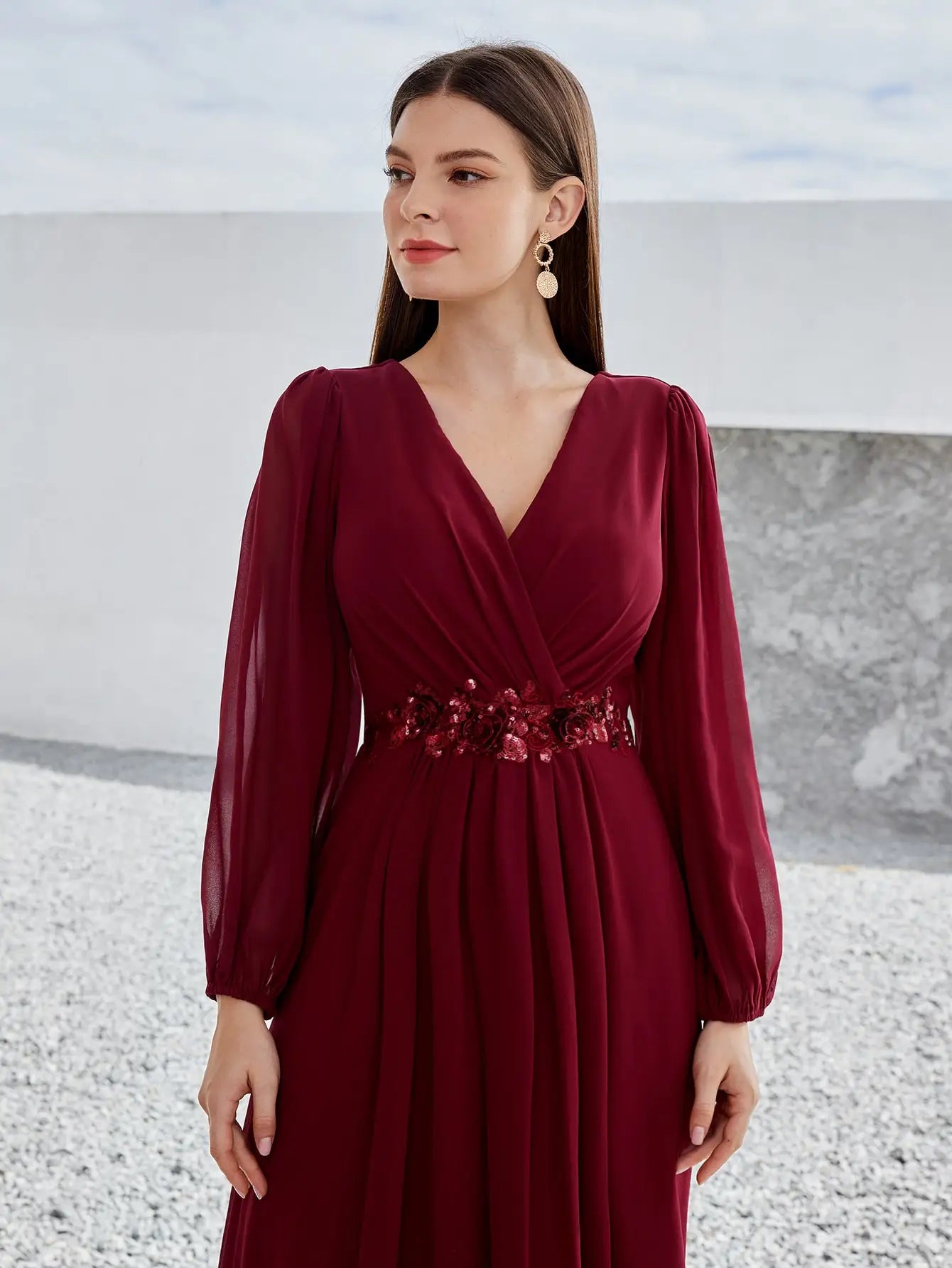 Beaded Print Chiffon V Neck Long Sleeve Evening Gown