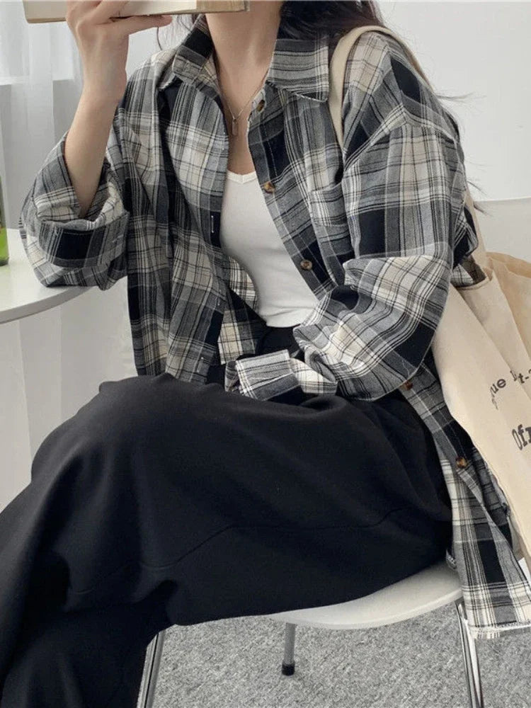 Casual Long Sleeve Plaid Blouse Mid Length Loose Fit Turn Down Collar Shirt for Women Autumn Winter Fashion Top
