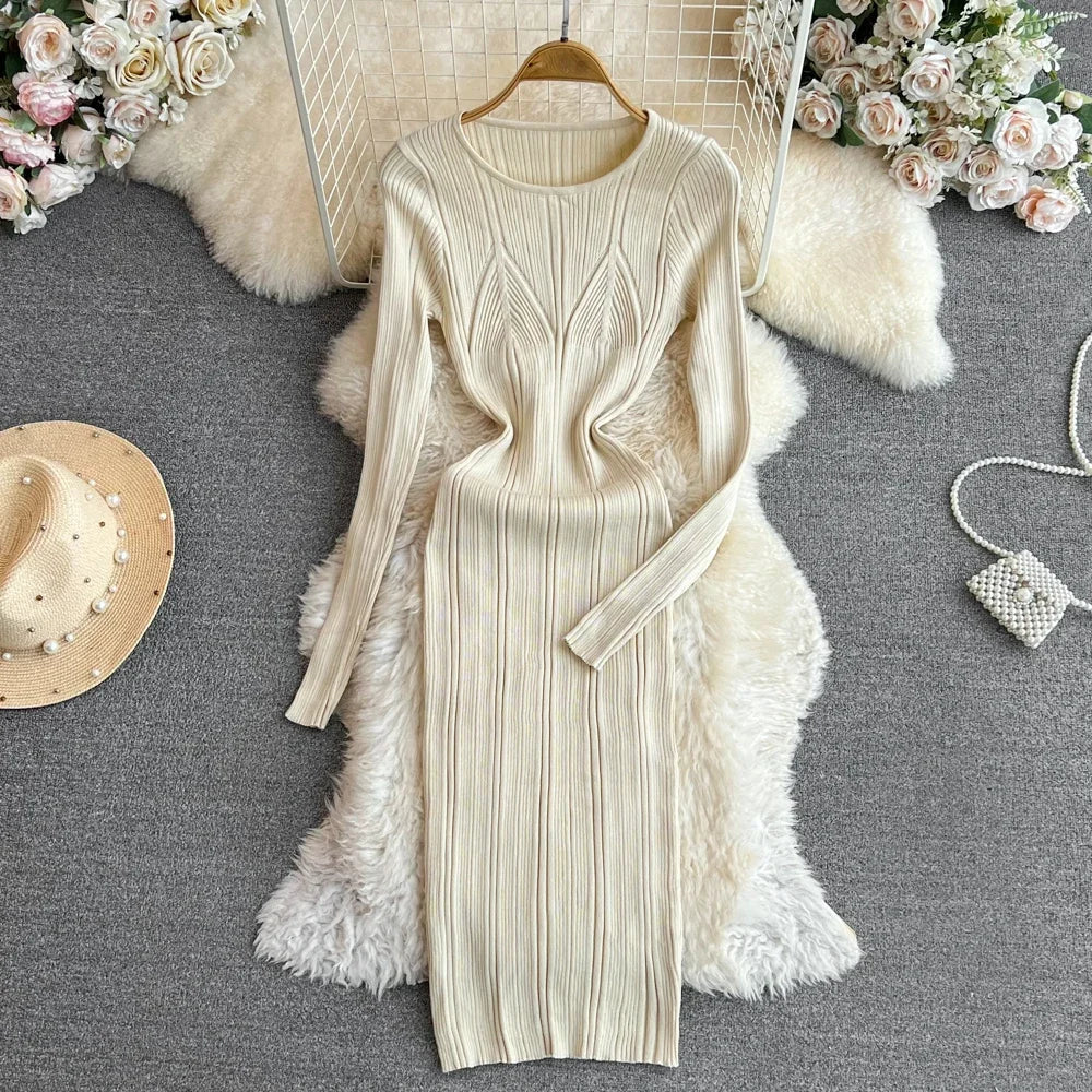 Long Sleeve Knitted Bodycon Dress For Women Autumn Retro