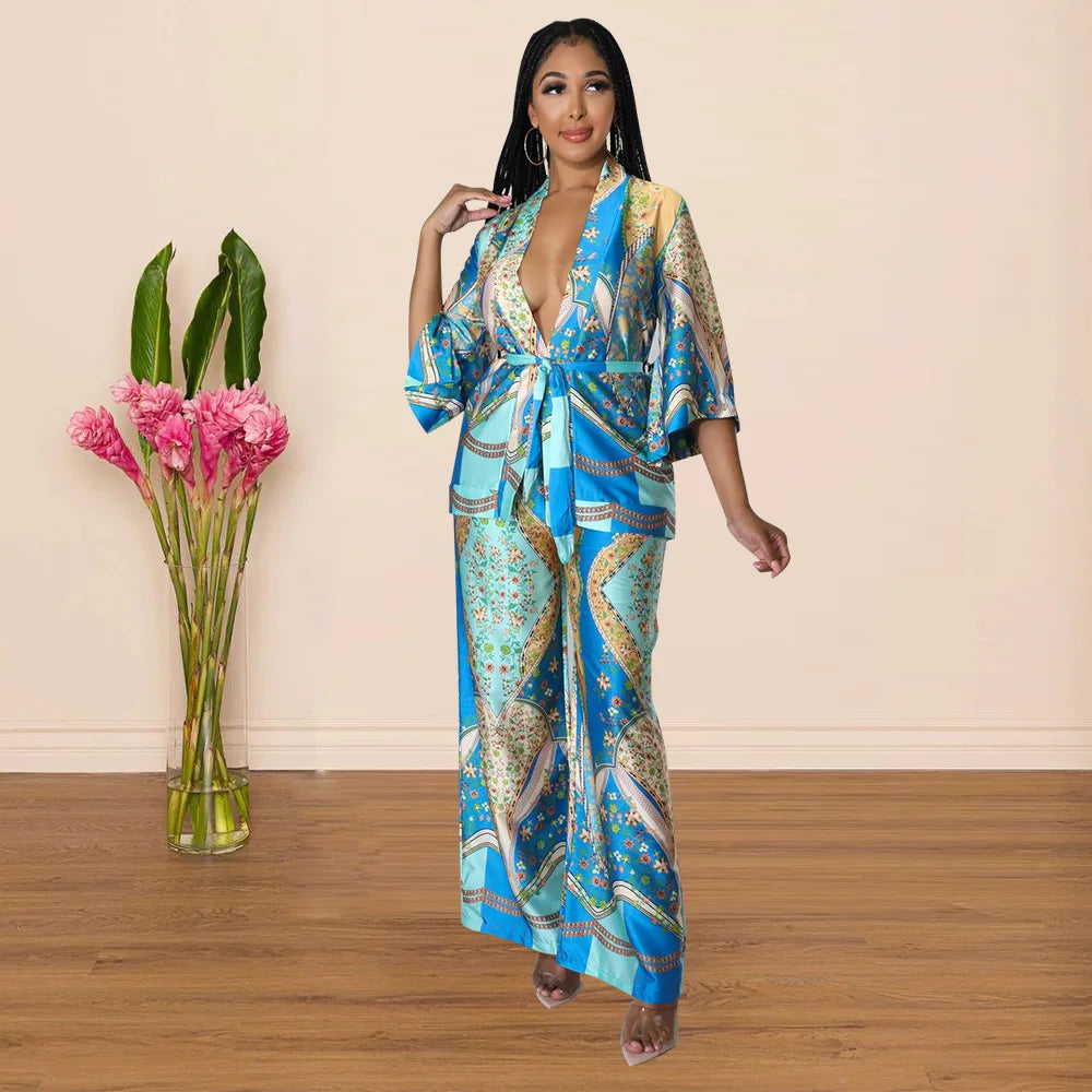 Women's Imitation Silk Printed Two Piece Set with Lace-Up Long Sleeve Top and Wide-Leg Pants for Casual Street Style