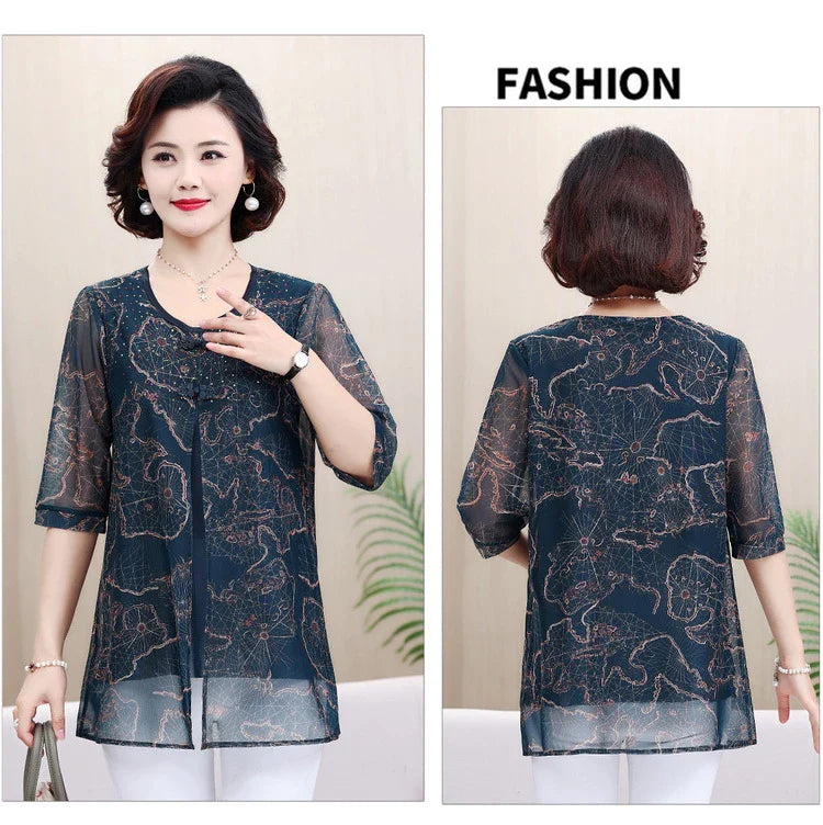 Women's Summer Shirt Casual Loose Fit Fake Two-Piece Printed Top for Middle-Aged and Elderly