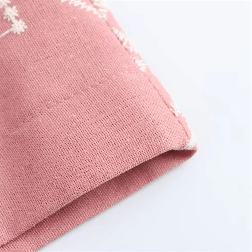 V-Neck Embroidered Kimono Style Mid-Length Windbreaker and High Waisted Straight Leg Pants Set for Women