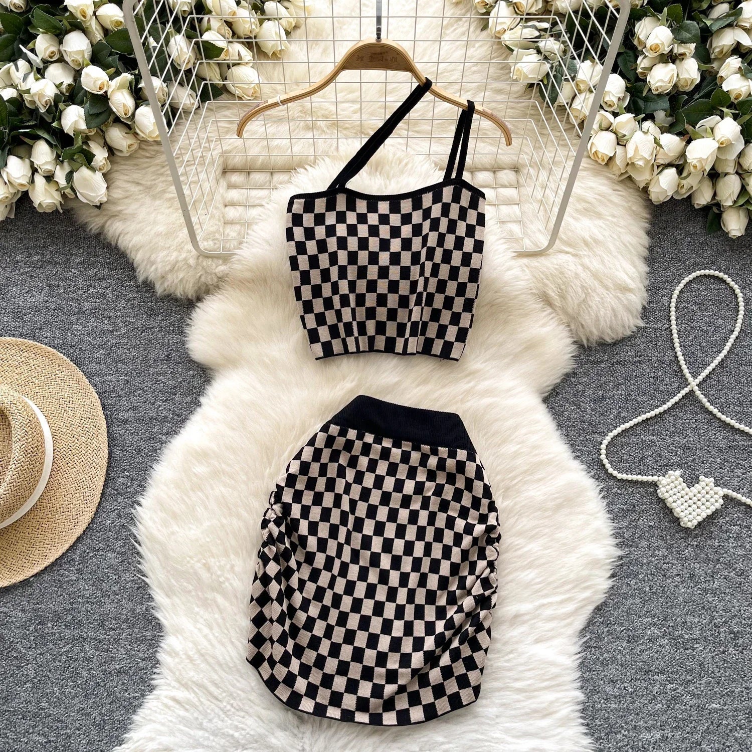 Women's Plaid Strapless Mini Top and High Waist Bodycon Skirt Set Casual Knitted Two-Piece Outfit