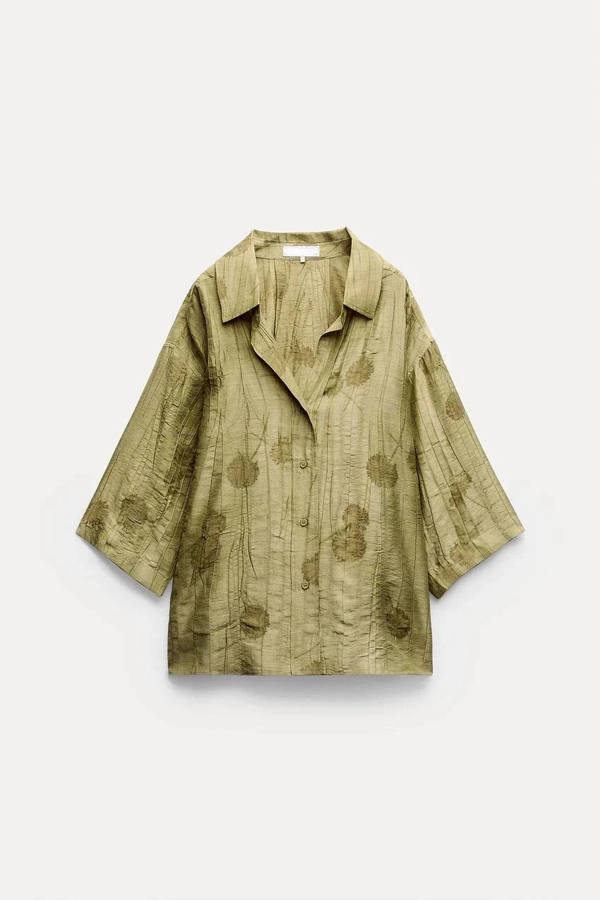 Jacquard Shirt Pants Suit for Women with Lapel Half Sleeve and Pockets, Wide Leg Pant Set for Summer Streetwear