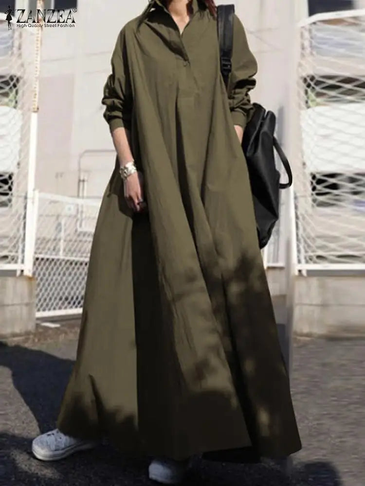 Womens Long Sleeve Maxi Dress With Button Front Pockets