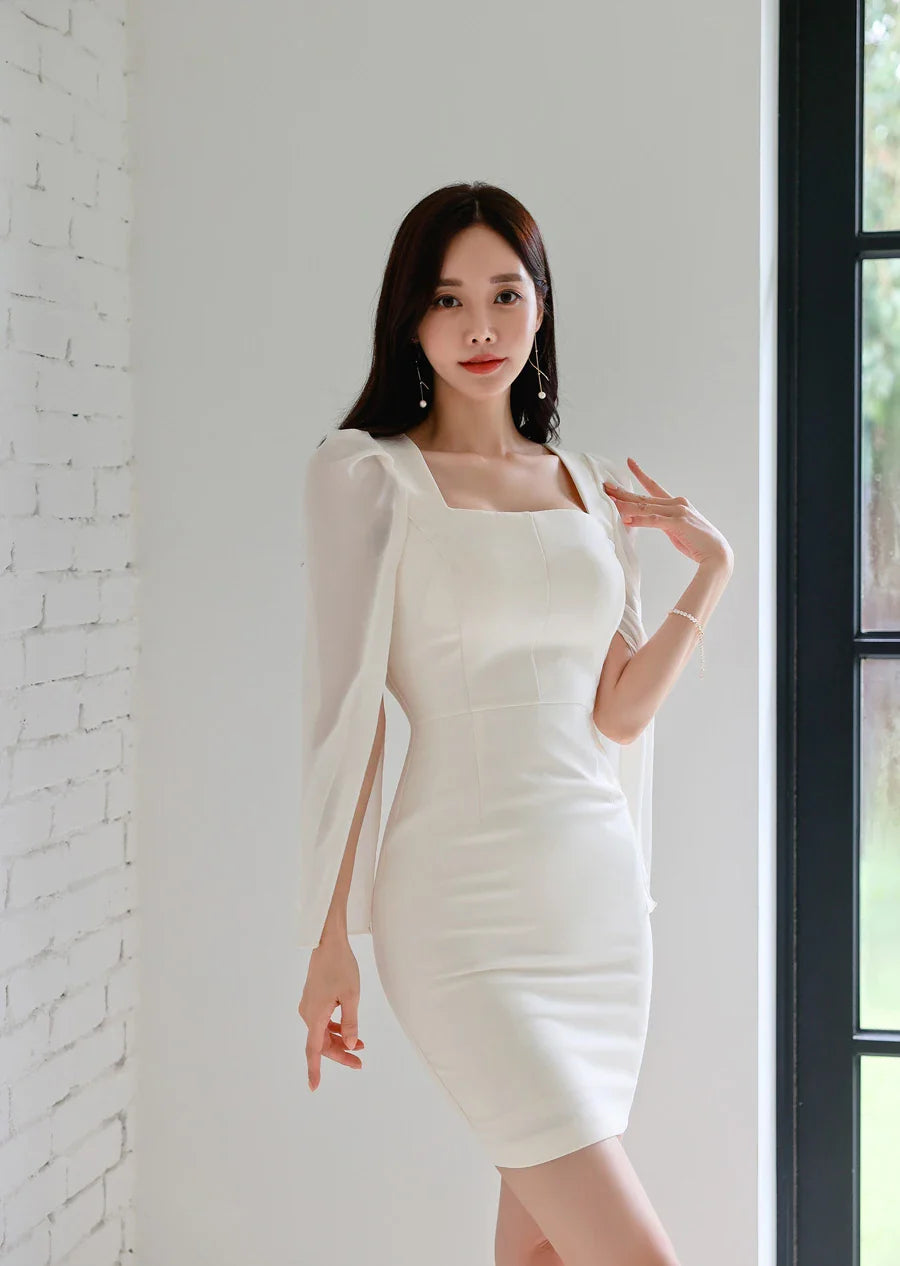 Korean White Sheath Dress With Flare Sleeves For Work