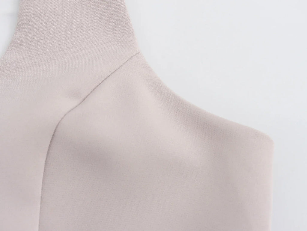 Women Fashion Solid Vest Pant Suit Set with Single Breasted Halter Cropped Top and High Waist Patchwork Trousers for Office Wear