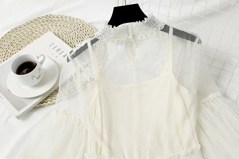 White Lace Mesh Dress With Lantern Sleeves For Women