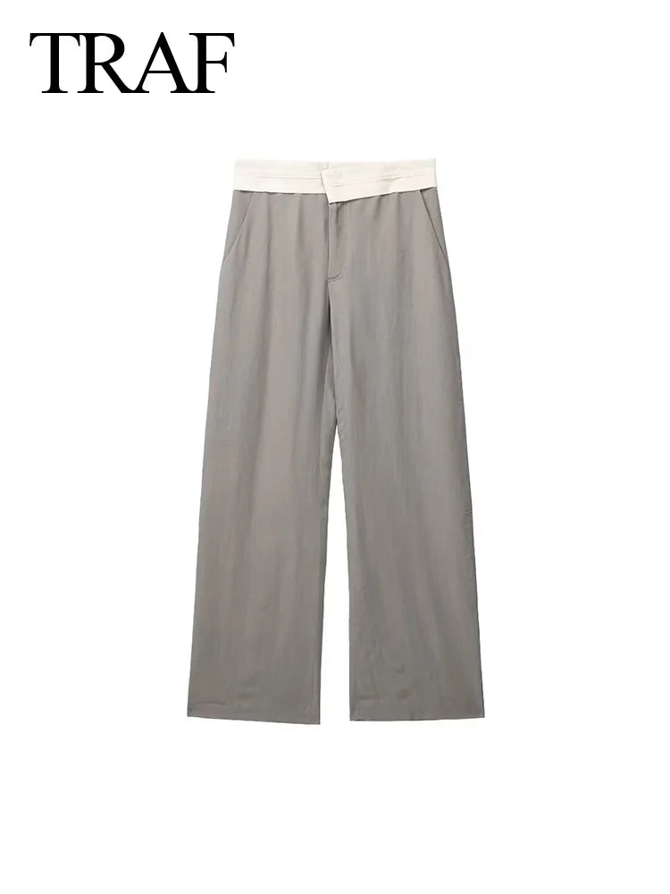 Women's Solid Grey Two Piece Set with Sleeveless Asymmetrical Vest and High Waist Wide Leg Trousers Casual Outfit