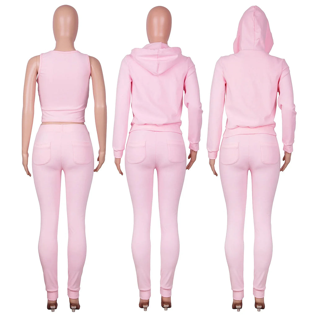 Women Thick Fleece 3 Piece Jogger Sweatsuit Set with Sweatpants, Vest and Hoodie for Fall and Winter
