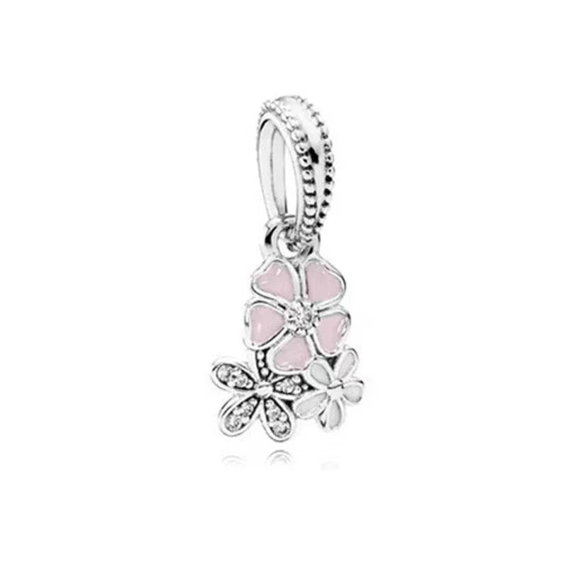 Sparkling Pink Cherry Blossom Daisy Charm Beads for 925 Silver Bracelet DIY Women's Jewelry Gifts