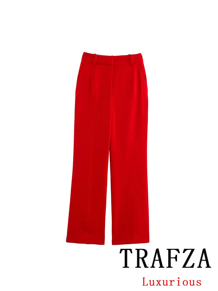 Red Vest Blazer Set For Office Lady With Wide Leg Pants