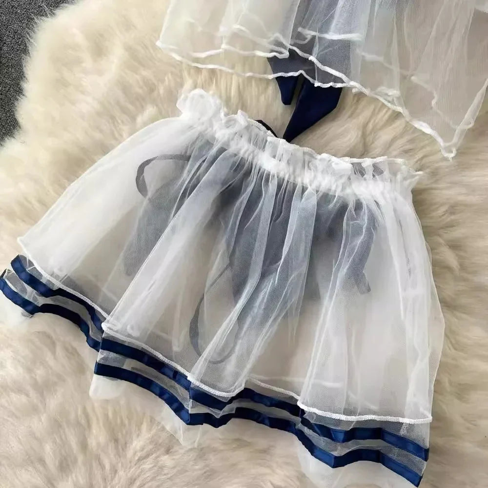 Women's Sexy Transparent Sailor Student Uniform Cosplay Costume Sheer Bowknot Stripe Patchwork Top with Mini Skirt Two-Piece Set