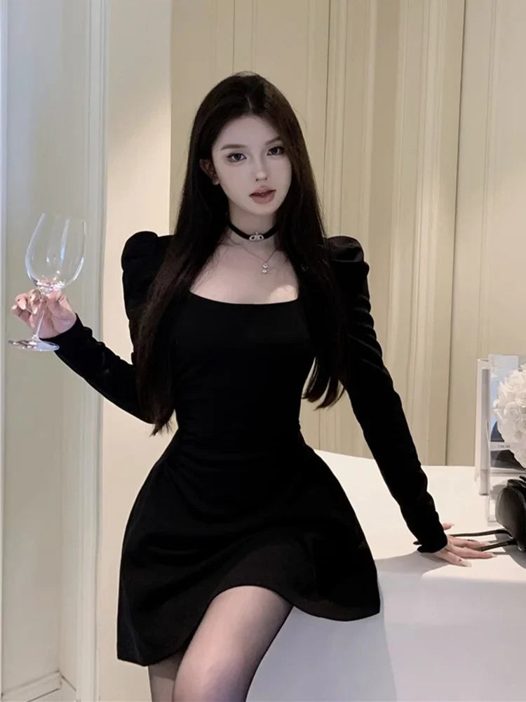 Elegant Women Evening Dress Long Sleeve Retro Banquet Black