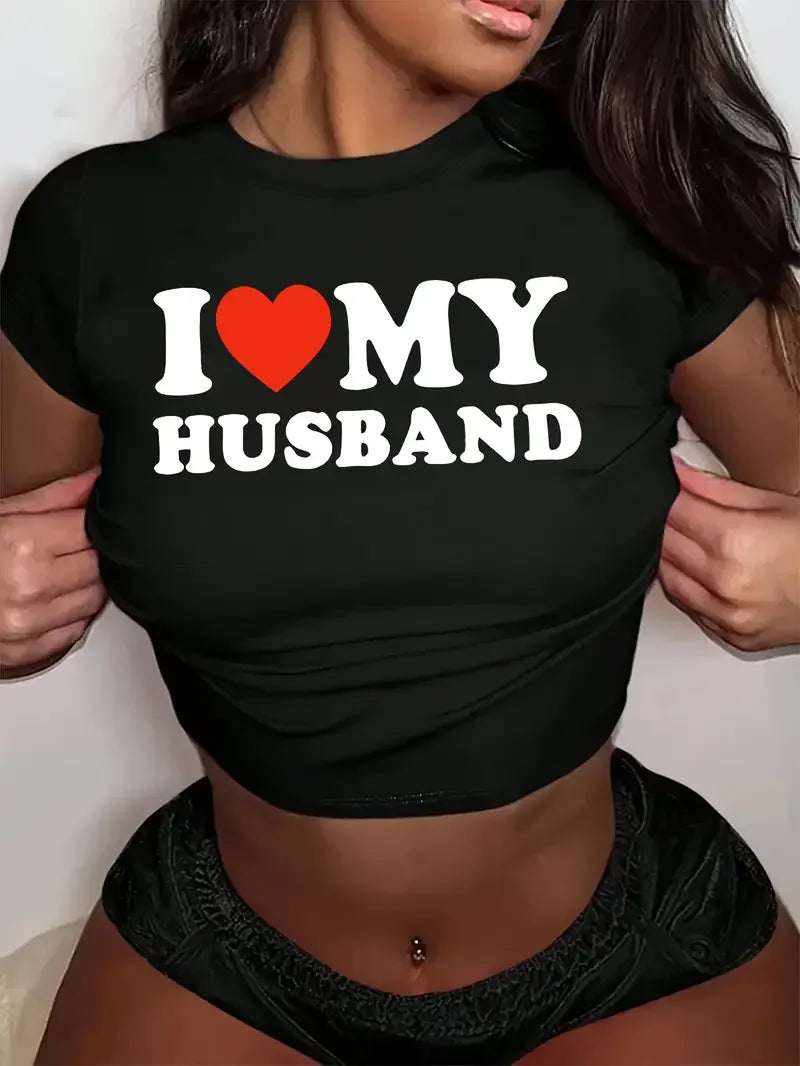 Cropped I Love My Husband Print Crew Neck T-Shirt for Women Short Sleeve Summer Crop Top