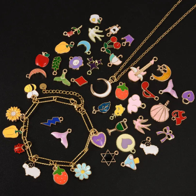 Random Mix of Animal Moon Fruits Heart Drip Oil Pendants for Handmade Jewelry Making Supplies with Metal Alloy Earring Components