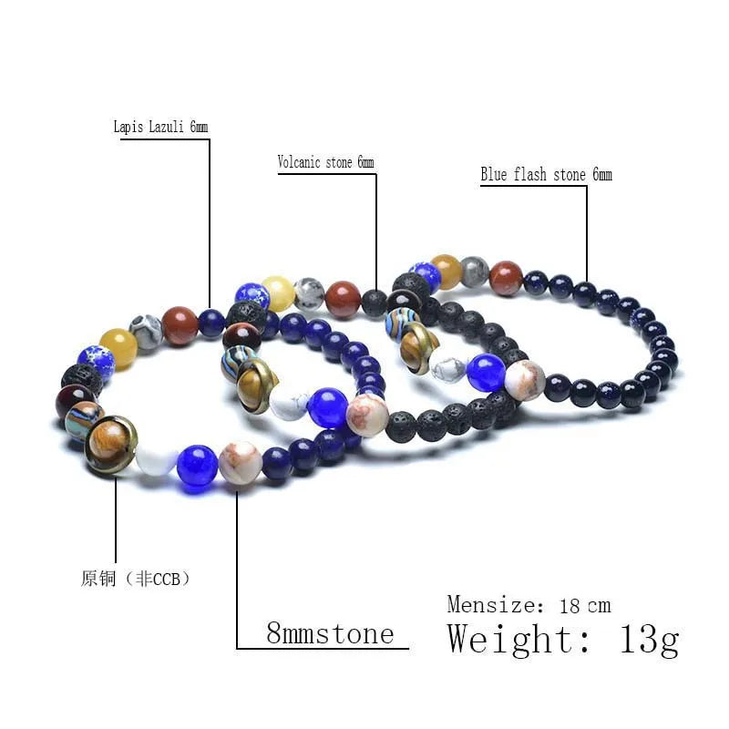 Unique Eight Planets Chakra Bracelet for Men and Women with Natural Volcanic Rock and Lapis Lazuli Beads