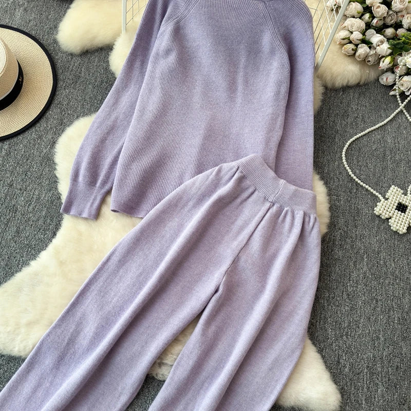 Knitted V-Neck Sweater and Straight Jogging Pants Women's Tracksuit Set