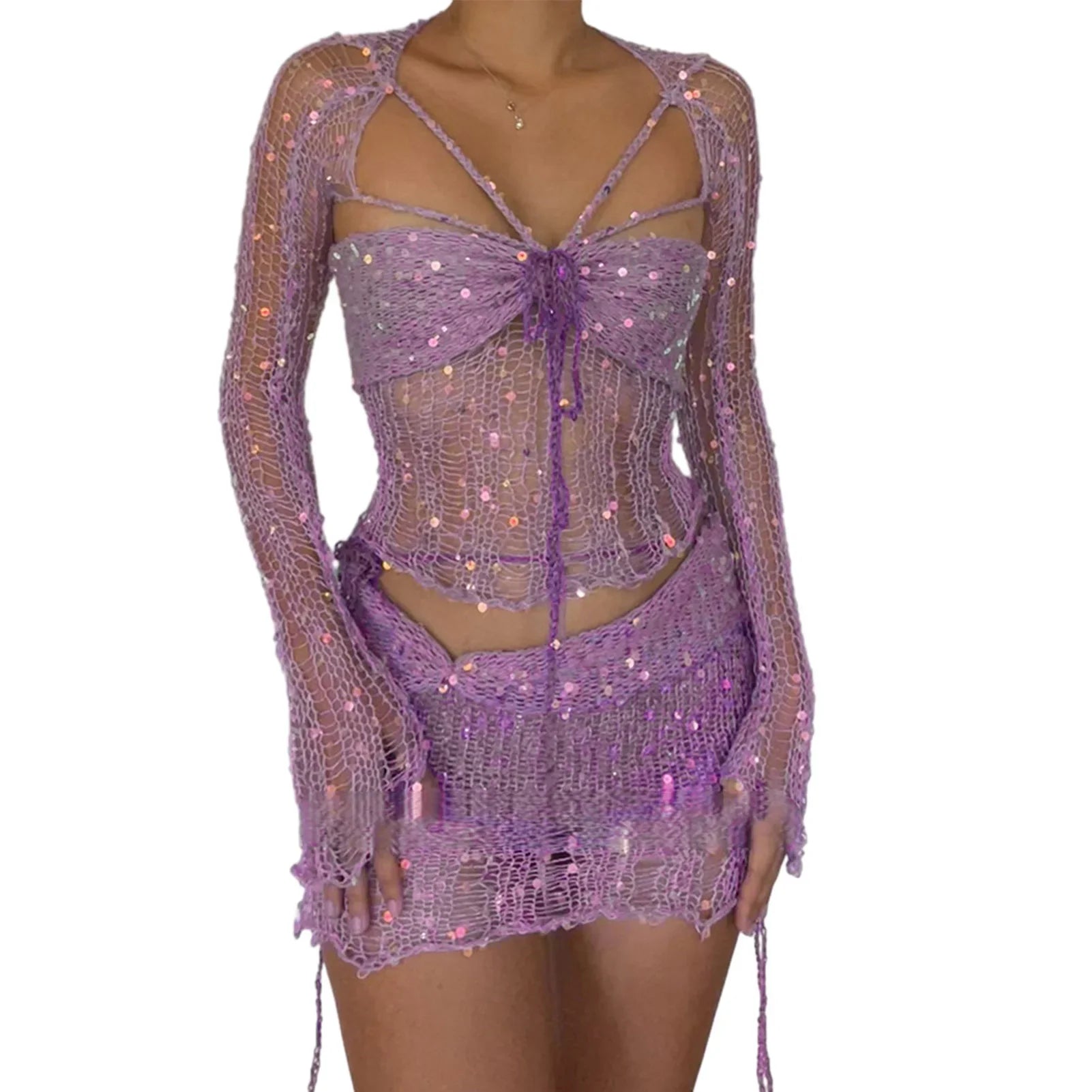 Sequin Crochet Three Piece Dress Set For Women Y2K Style