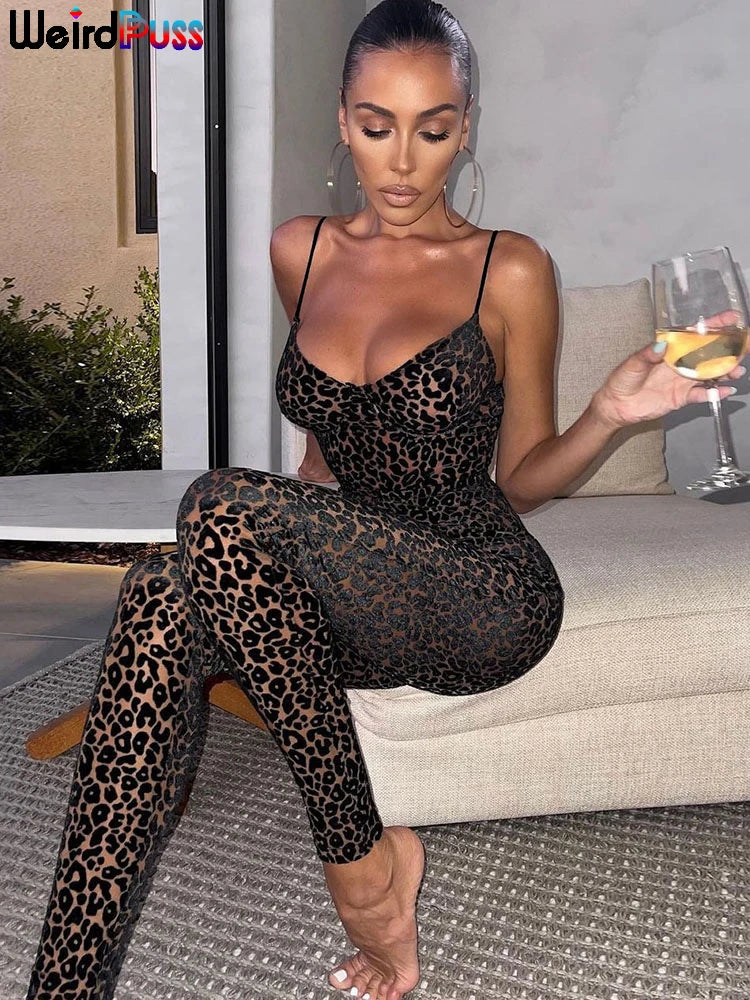 Sexy Leopard Print Skinny Women Jumpsuit Sleeveless Backless Stretch Fit Workout Activewear Party Nightclub Outfit