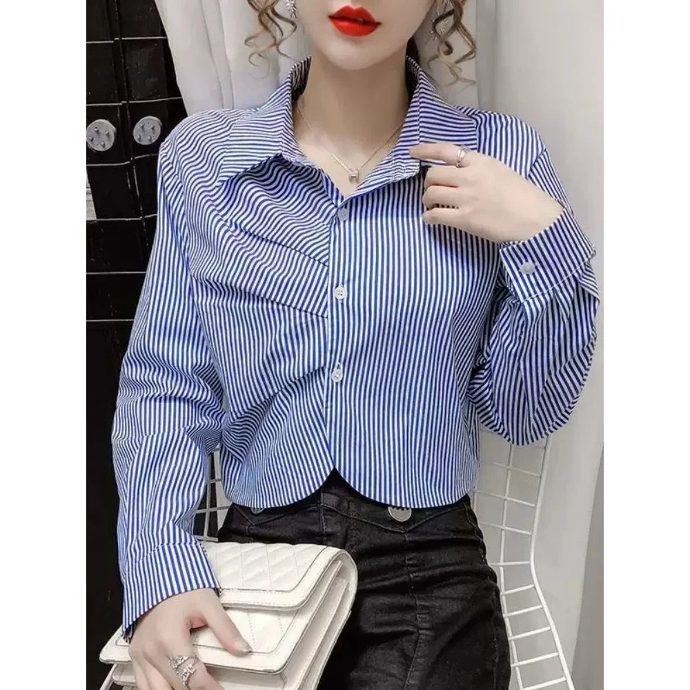 Elegant Office Lady Stripe Shirt with Chic White Long Sleeve Blouse for Casual and Professional Wear