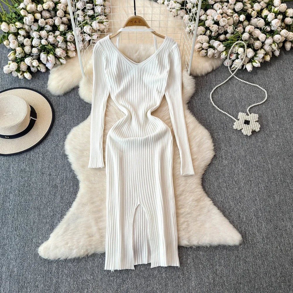 White Long Sleeve V Neck Lace Up Elegant Dress For Women