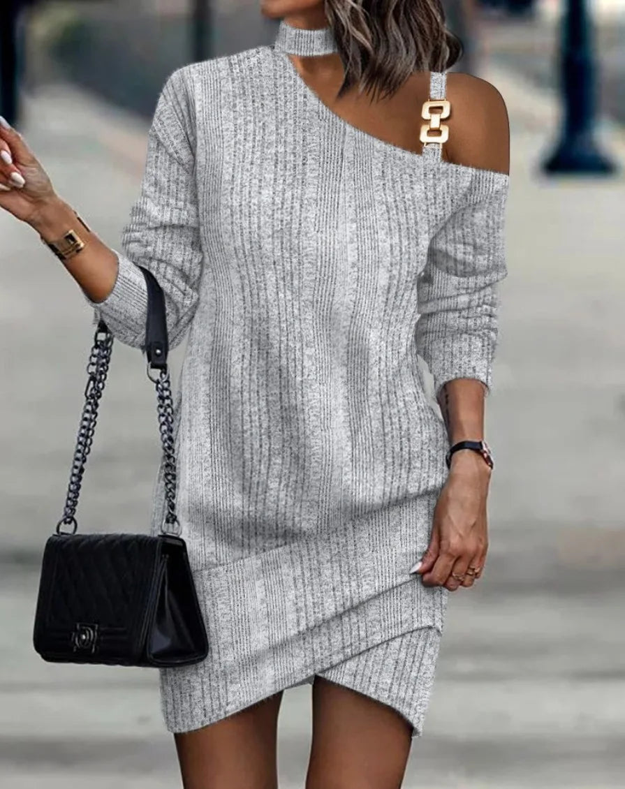 Casual A Line Dress With Chain Decor Long Sleeve Mini