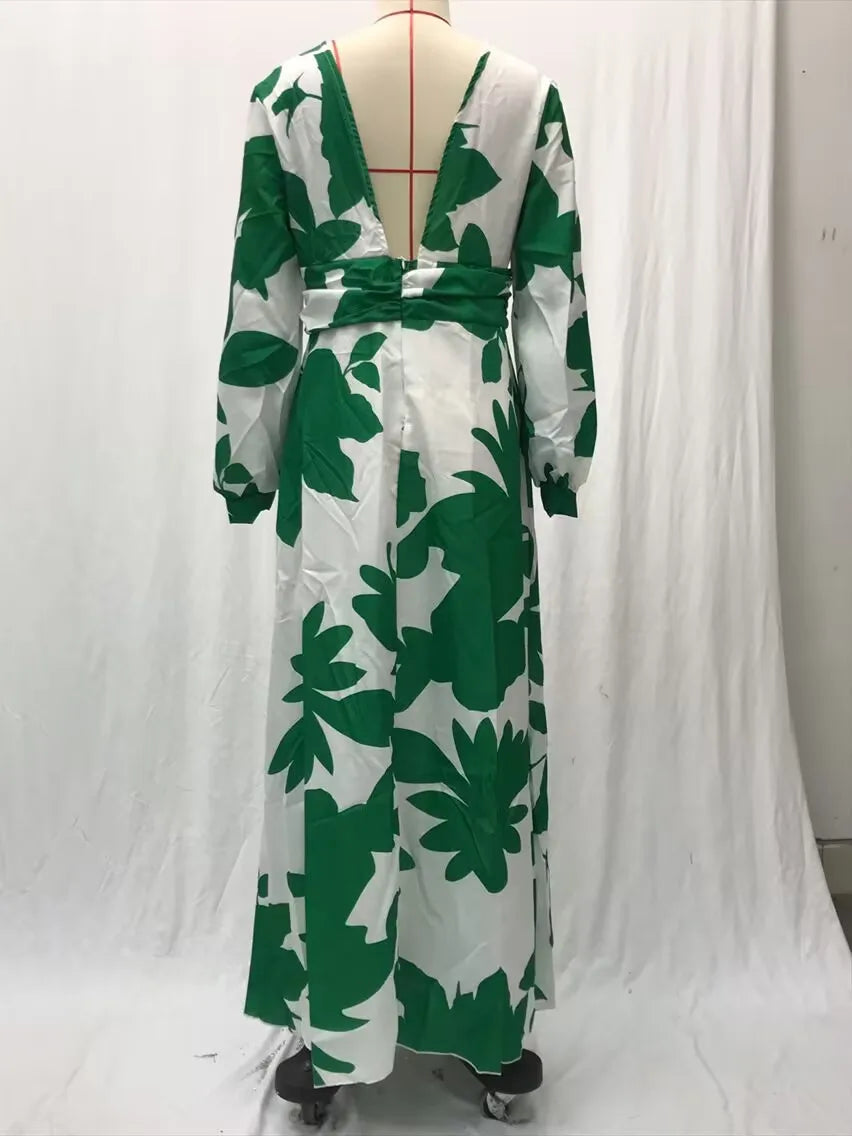 Printed Womens V Neck Lantern Sleeve Long Evening Dress