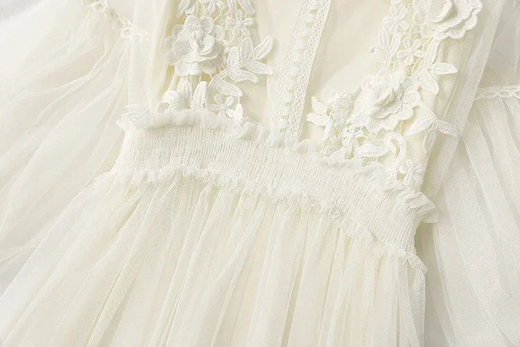 White Lace Mesh Dress With Lantern Sleeves For Women