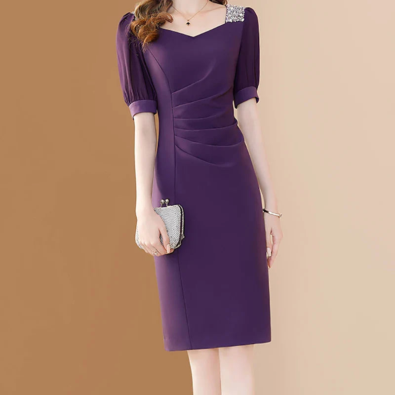 Purple Embroidered A Line Dress For Office And Party