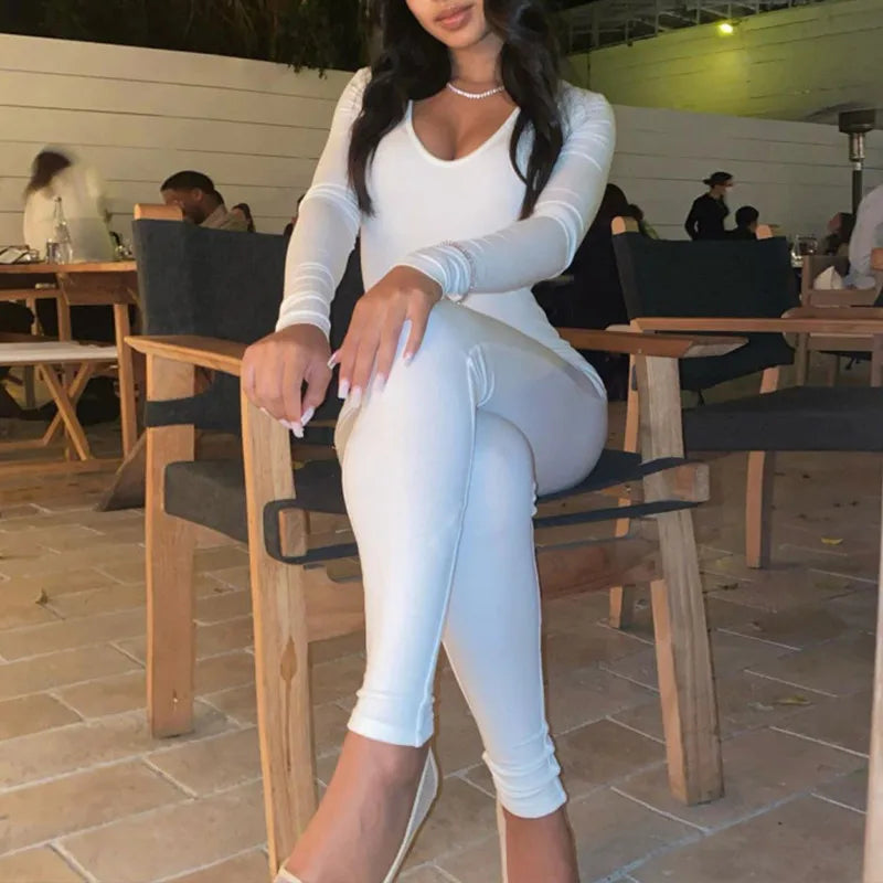 Women's Black Long Sleeve Bodycon Jumpsuit Slim Fit Sexy Solid Romper Casual Sporty Skinny Streetwear for Autumn Winter