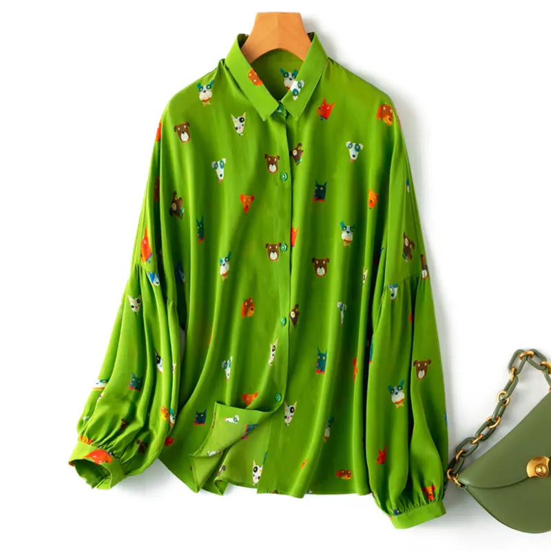 Women Shirt 100 Percent Mulberry Crepe Silk Green Lantern Sleeve Blouse with Cartoon Button Detail