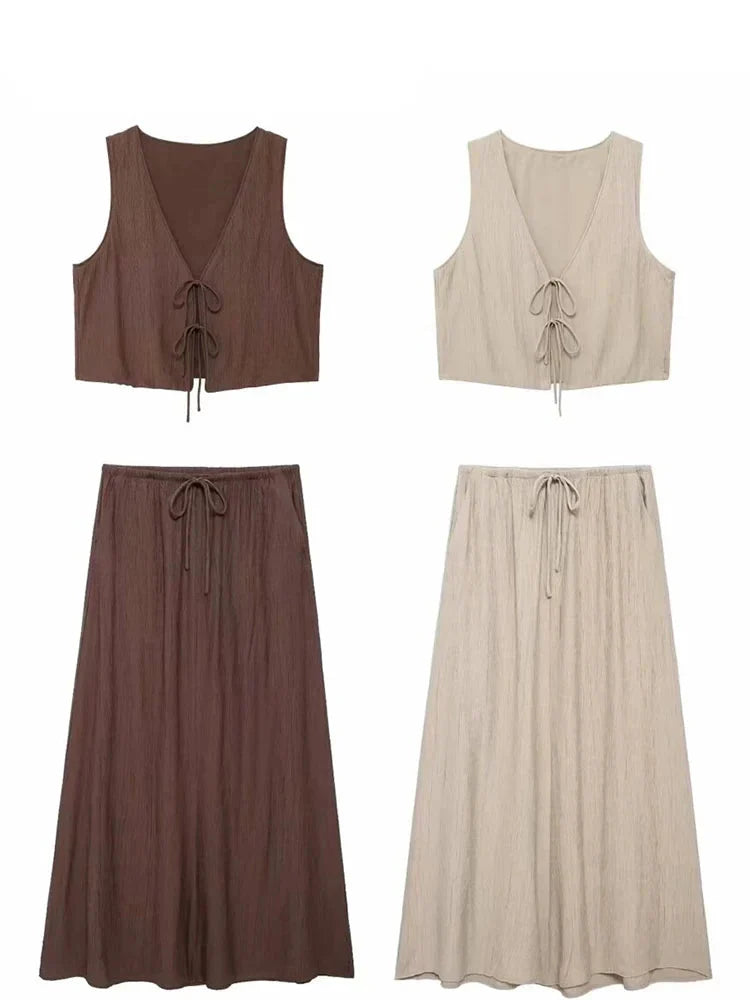 Women's Sleeveless V-Neck Lace-Up Cardigan Vest with Drawstring Pocket Casual Loose Skirt Two-Piece Set