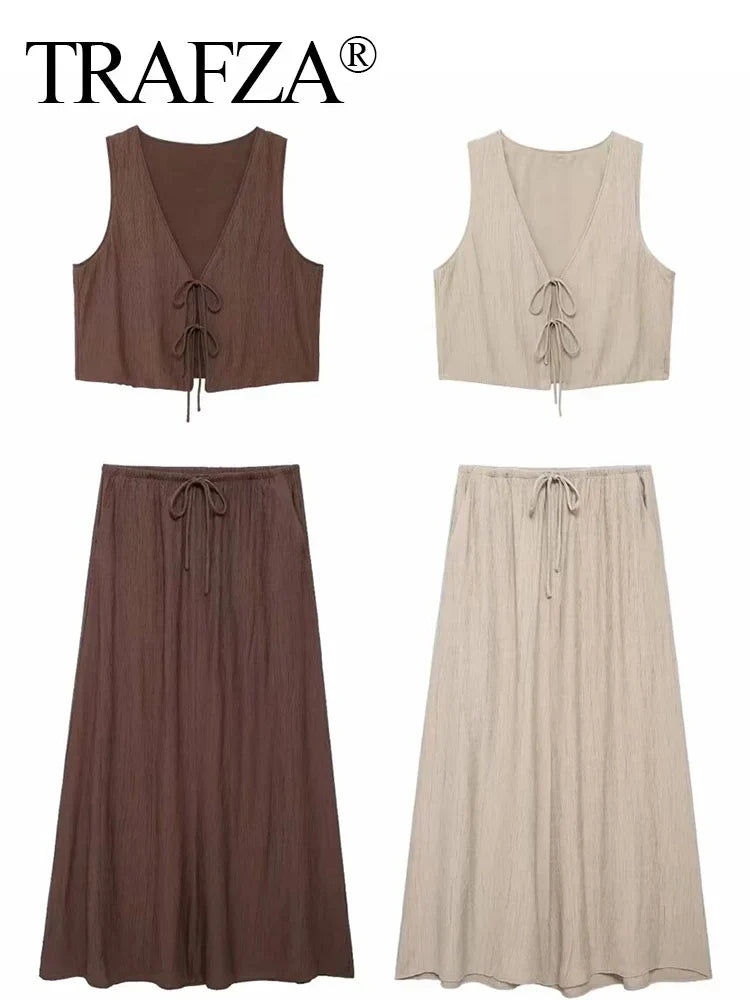Women Textured Sleeveless Lace-Up Vest Top and High Waist Drawstring Skirt Set with Side Pockets