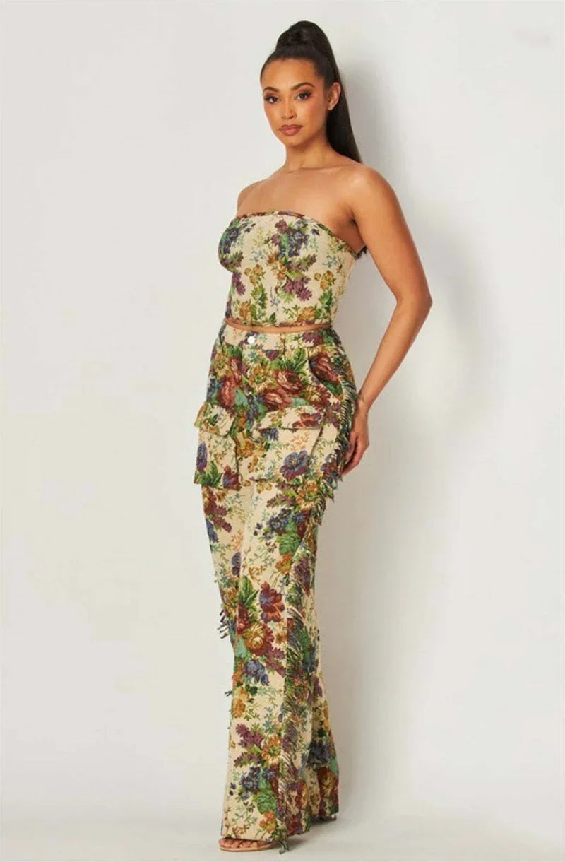 Floral Print Two Piece Set for Women with Strapless Crop Top and Side Tassel Wide Leg Pants for Y2K Birthday Parties