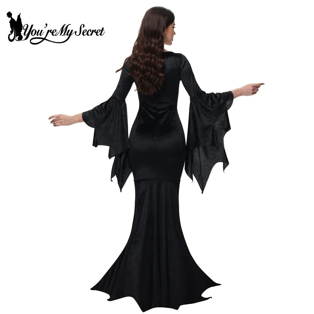 Morticia Addams Gothic Velvet Dress With Flared Sleeves