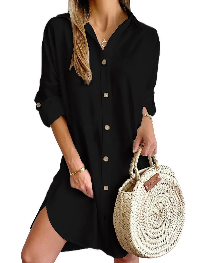 Solid Color Button Front Shirt Dress Long Sleeve Lapel