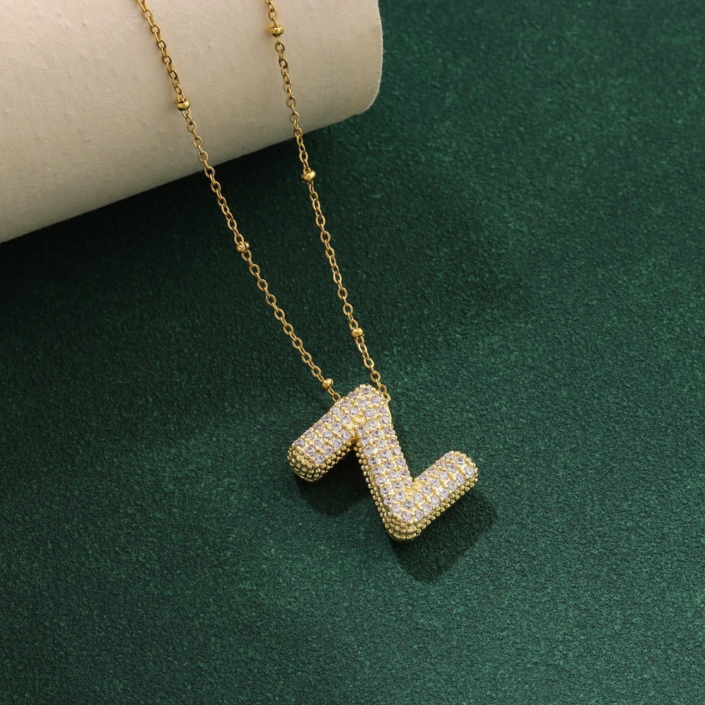 Luxury Zircon Crystal Initial Necklace for Women Stainless Steel Choker Chain Jewelry