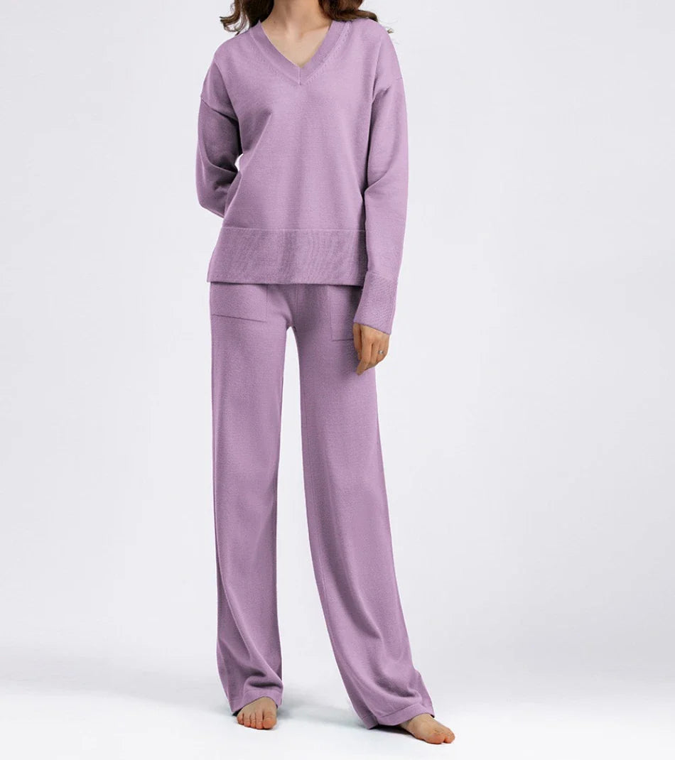 Casual Women's Sweater Pullover Knit Two-Piece Set with Loose Pants for Autumn and Winter