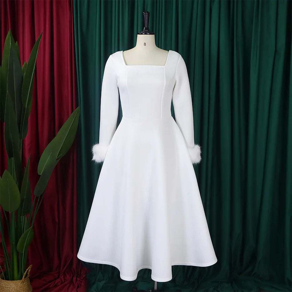 Square Neck Party Dress Women Pleated A Line Mid Calf