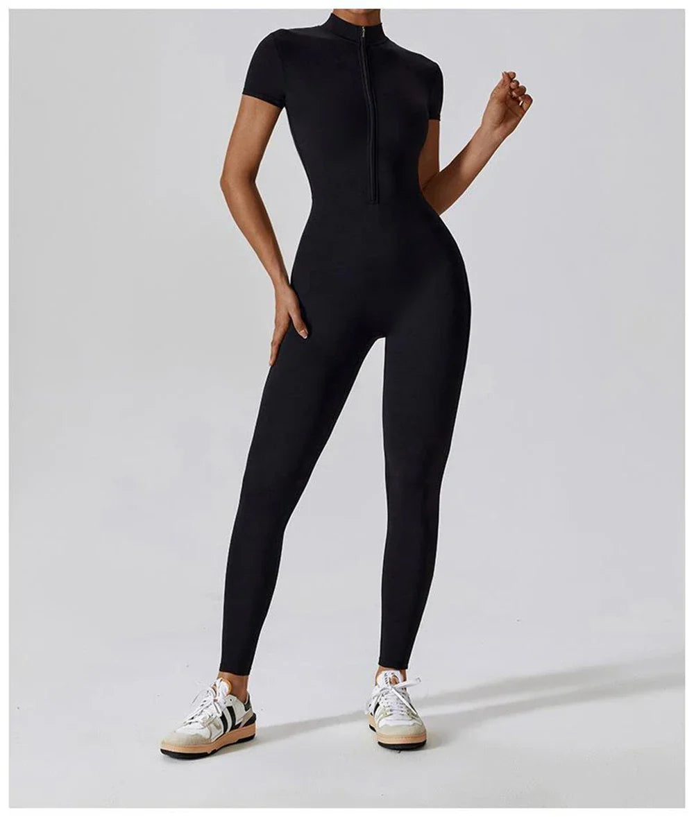 Womens Slim Fit Short Sleeve Yoga Jumpsuit Stretch One Piece Romper with Front Zipper Sexy Fitness Activewear Basic Sportwear
