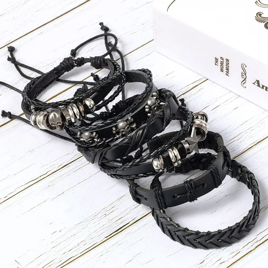 6 Piece Black Punk Skull and Star Shaped Alloy and PU Leather Bracelet Set