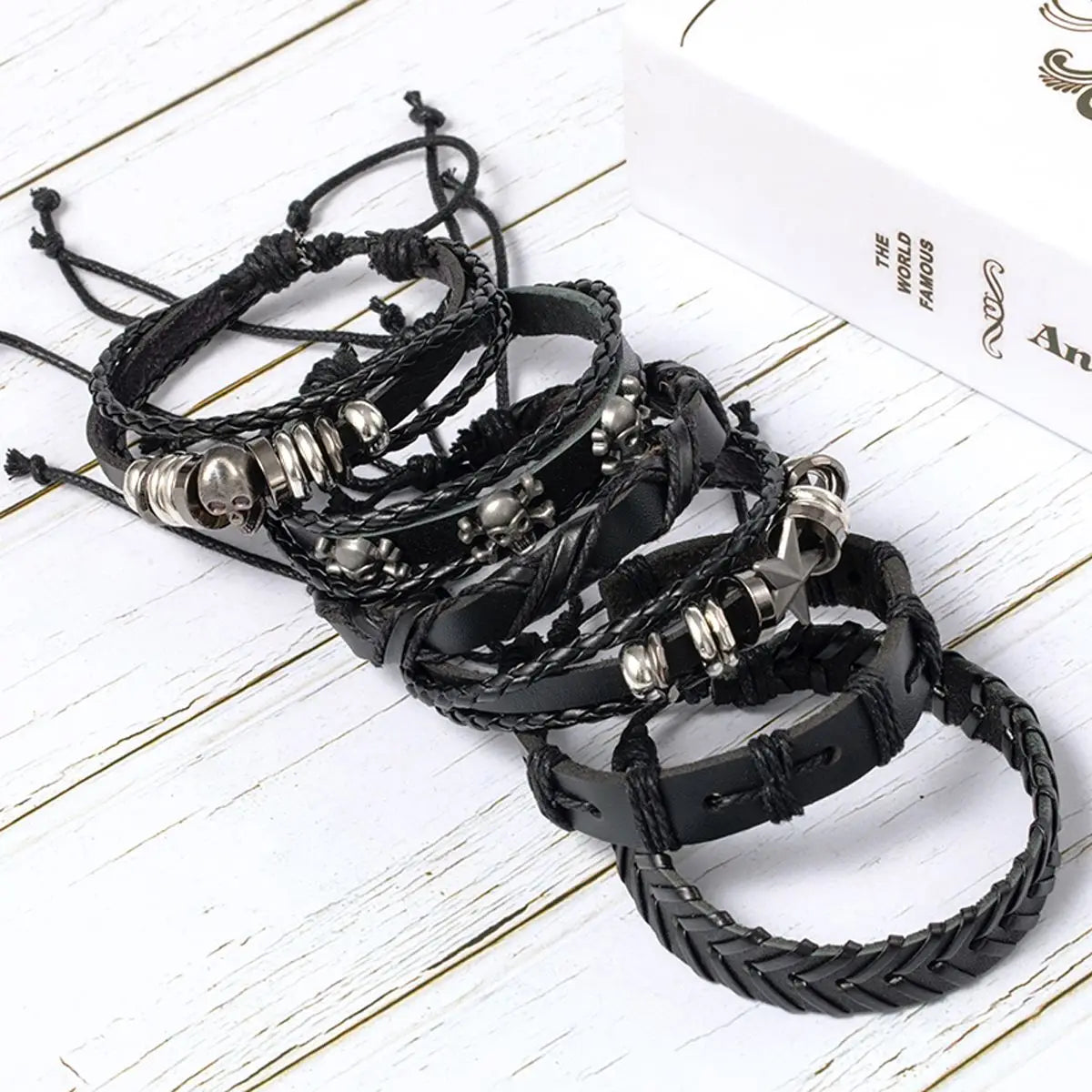 6 Piece Black Punk Skull and Star Shaped Alloy and PU Leather Bracelet Set