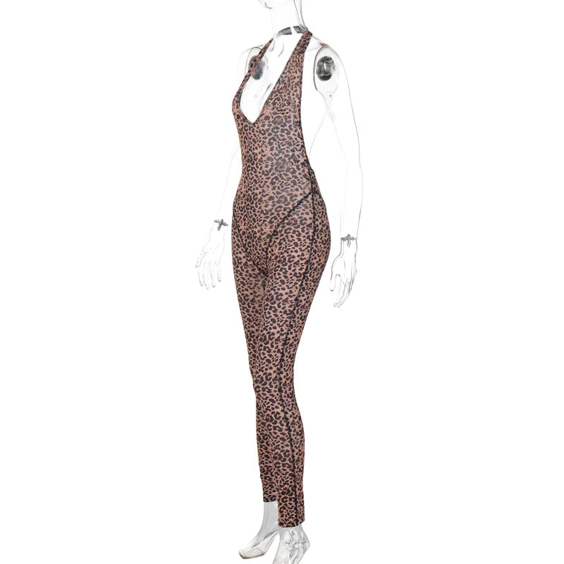 Leopard Print Halter Backless Slip Sexy Bodycon Jumpsuit Casual Streetwear Festival Romper for Women