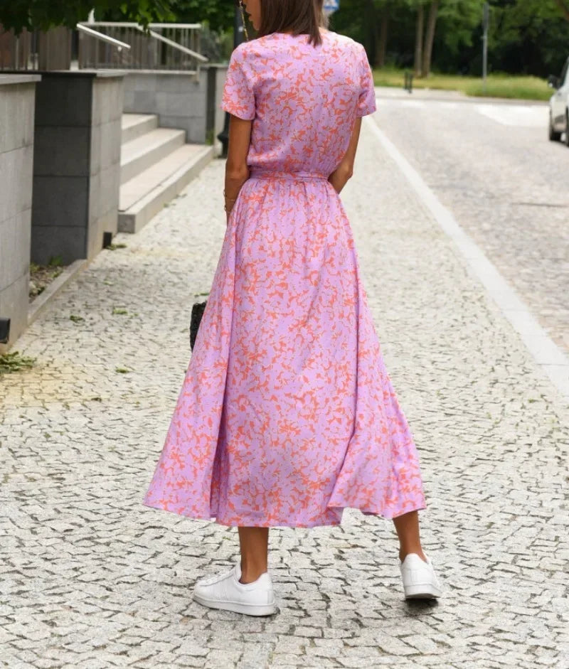 Floral Print Dress Loose Summer V Neck Short Sleeves