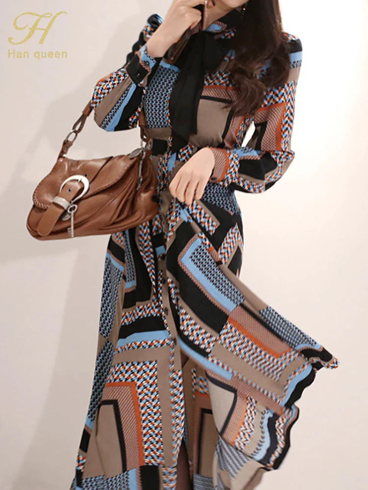 Vintage Print Long Shirt Dress For Women Ankle Length