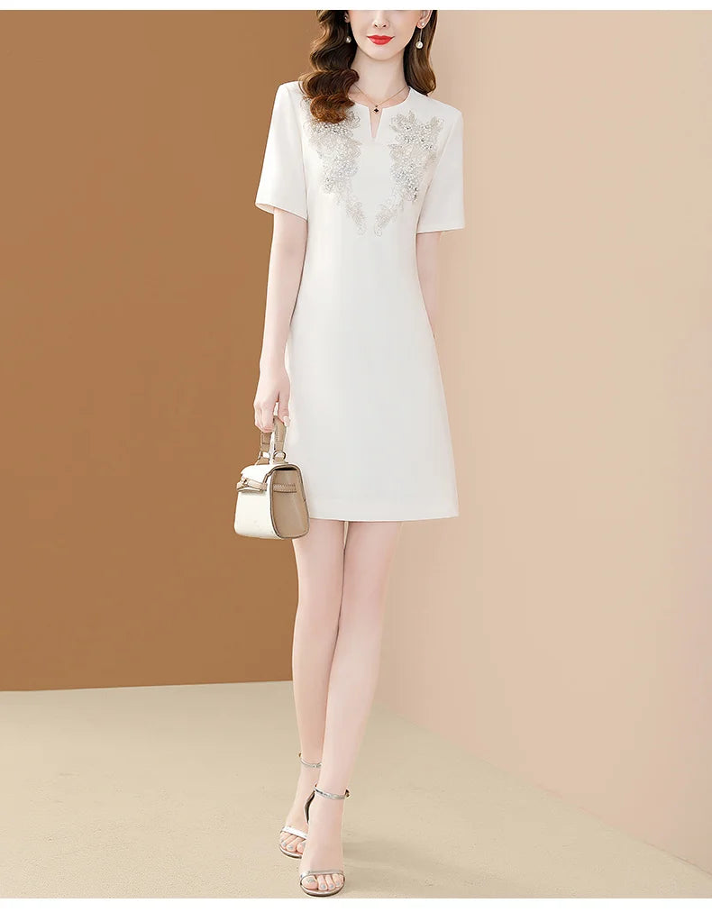 White Floral Embroidery A-Line Dress Short Sleeve Chic